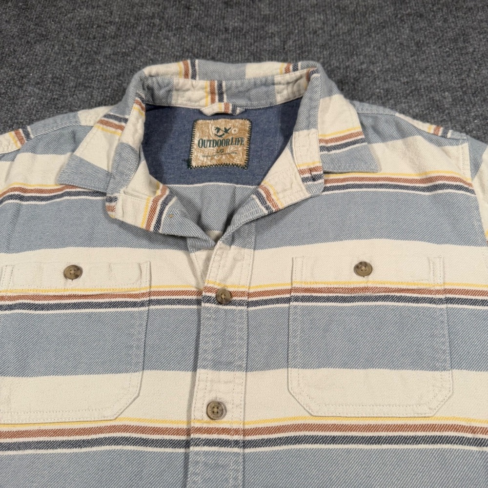 Outdoor Life Mens Large Blue Striped Short Sleeve Cotton Button Down Shirt